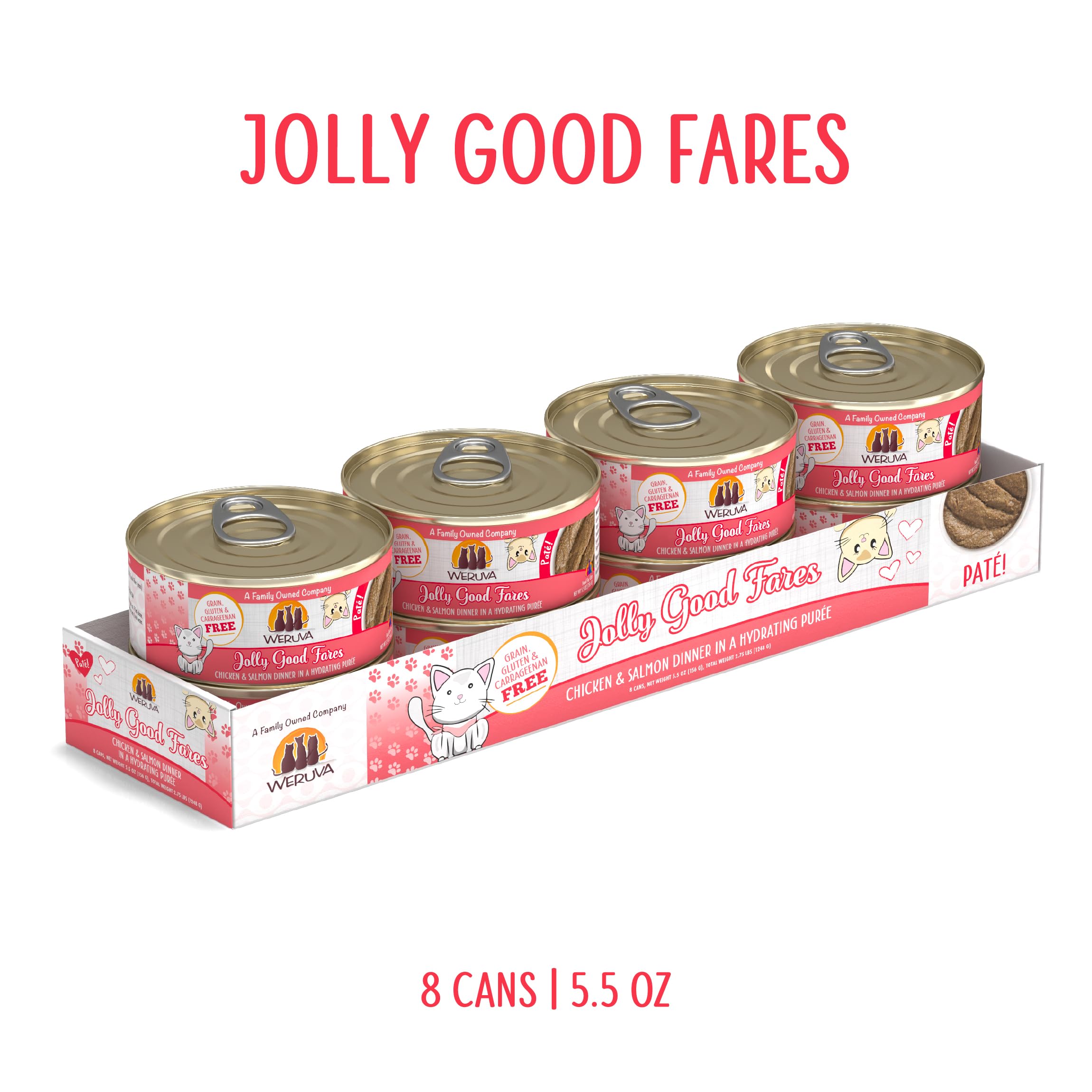 Lot de 8 boîtes Weruva, pate poulet-saumon, repas pratique et savoureux.