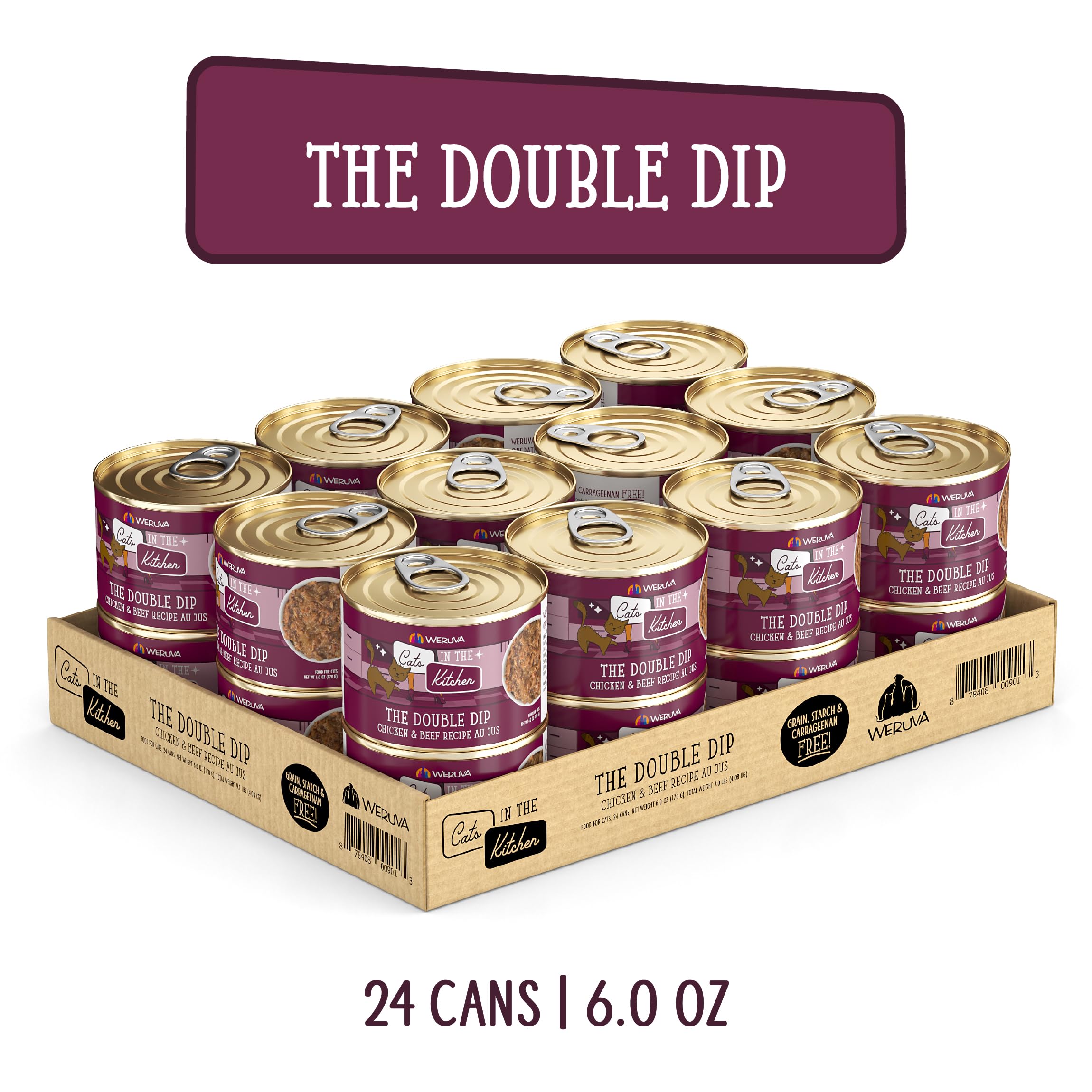 Chat savourant Double Dip au jus avec poulet.