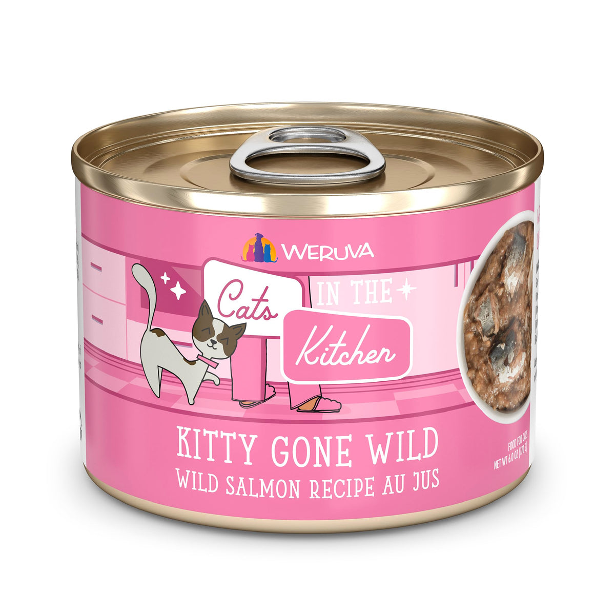 Weruva Cats in the Kitchen Kitty Gone Wild au saumon au jus, bouchées appétentes pour chats.