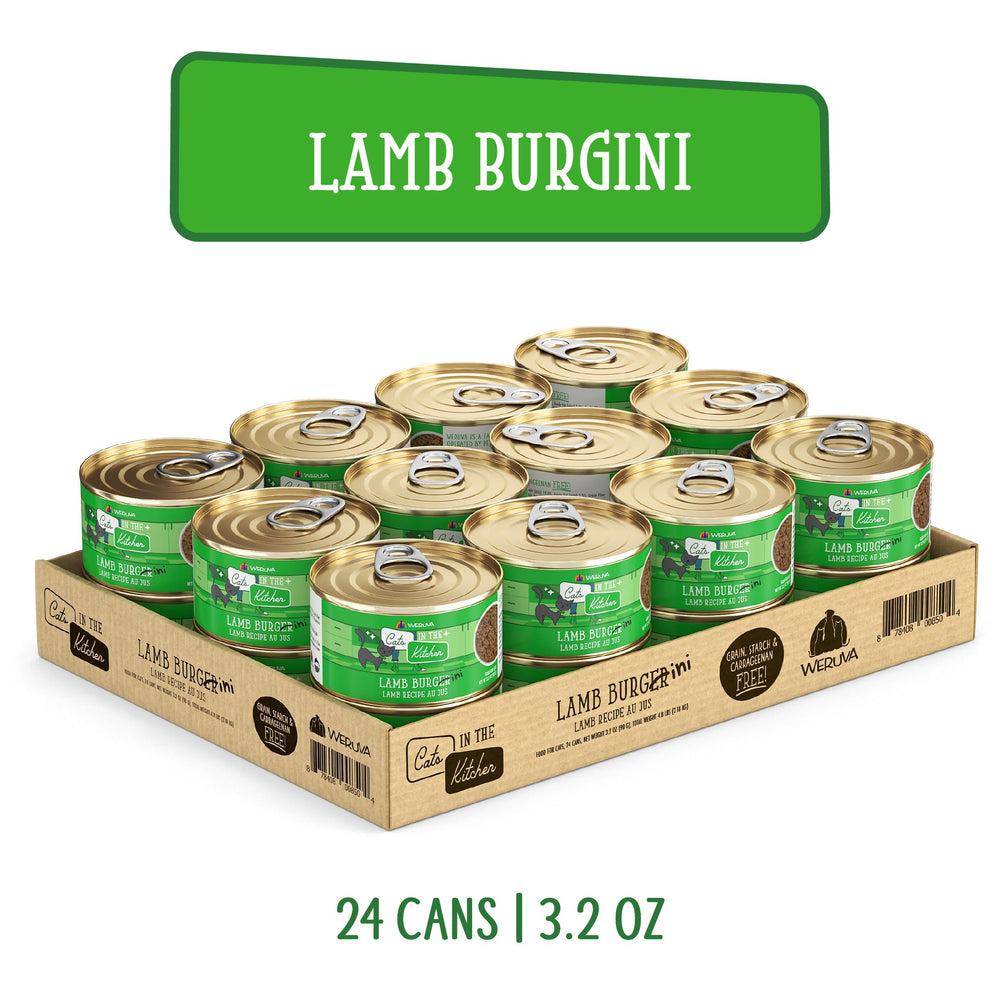 Weruva Lamb Burger-ini, ingrédients premium visibles dans la boîte.