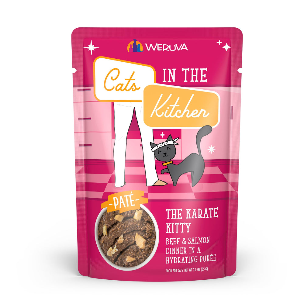 Pâté Karaté du Minou Weruva, pochette 3oz, boeuf et saumon, repas pratique.