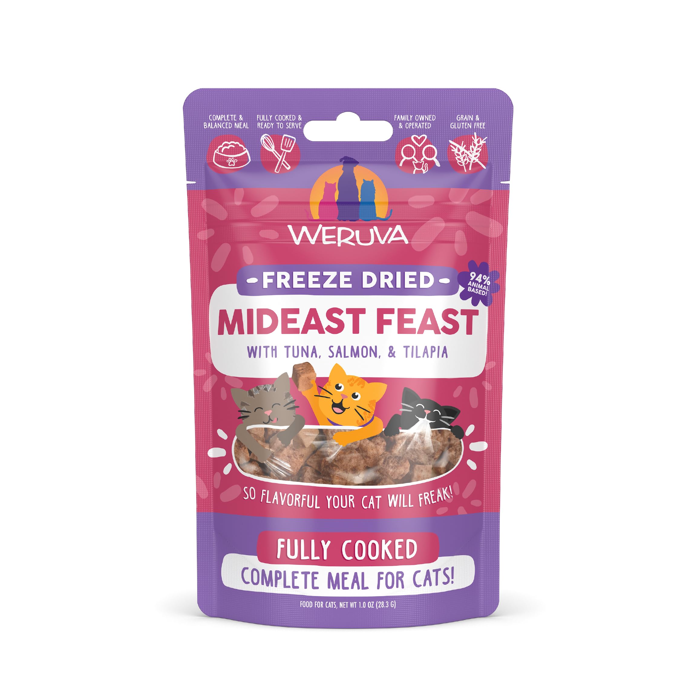 Weruva Cat Lyophilisée Mideast Feast Tilapia, sachet 1oz, cubes riches en protéines.