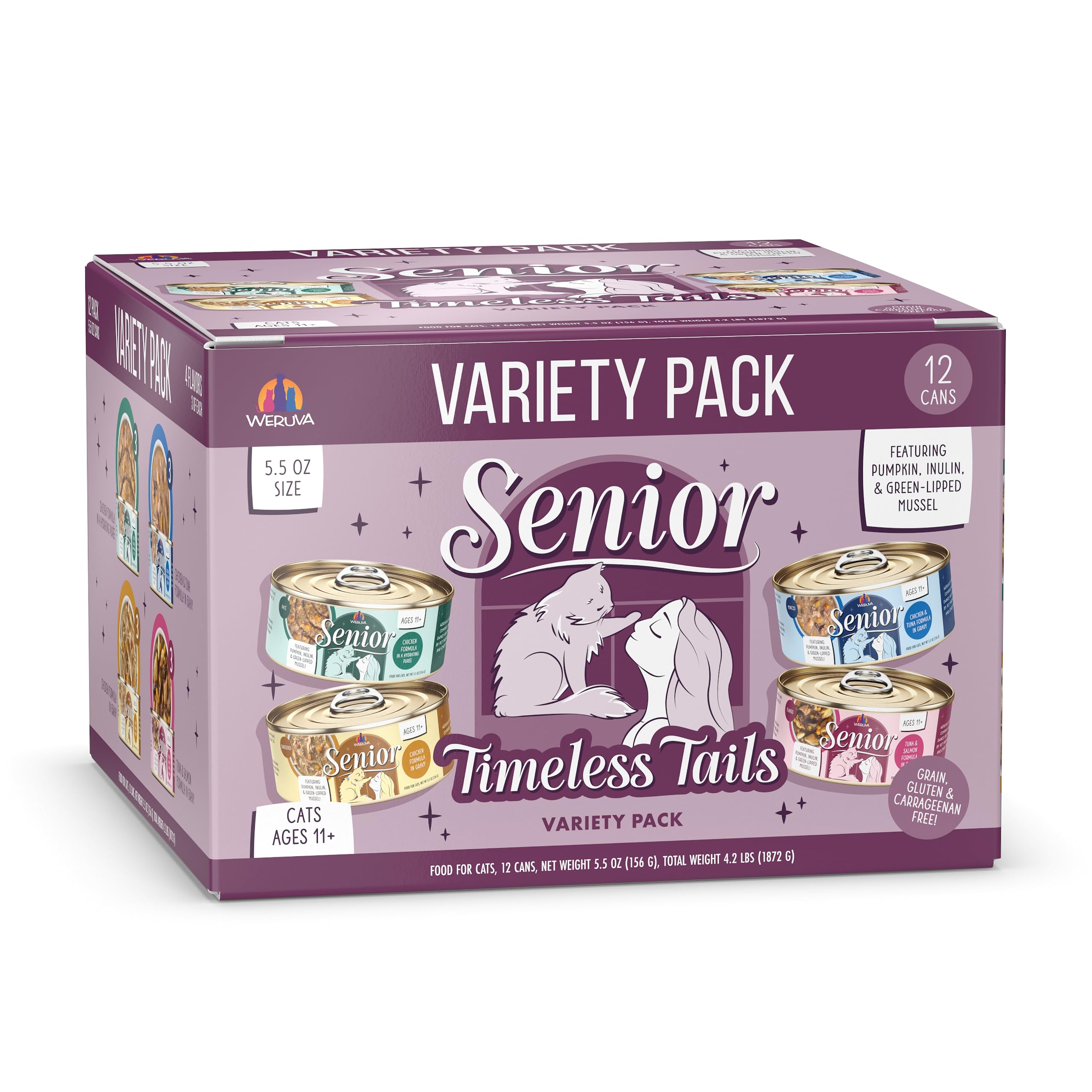 Pack Timeless Tails Weruva Senior, 12 boites, pour repas pratiques et variés.