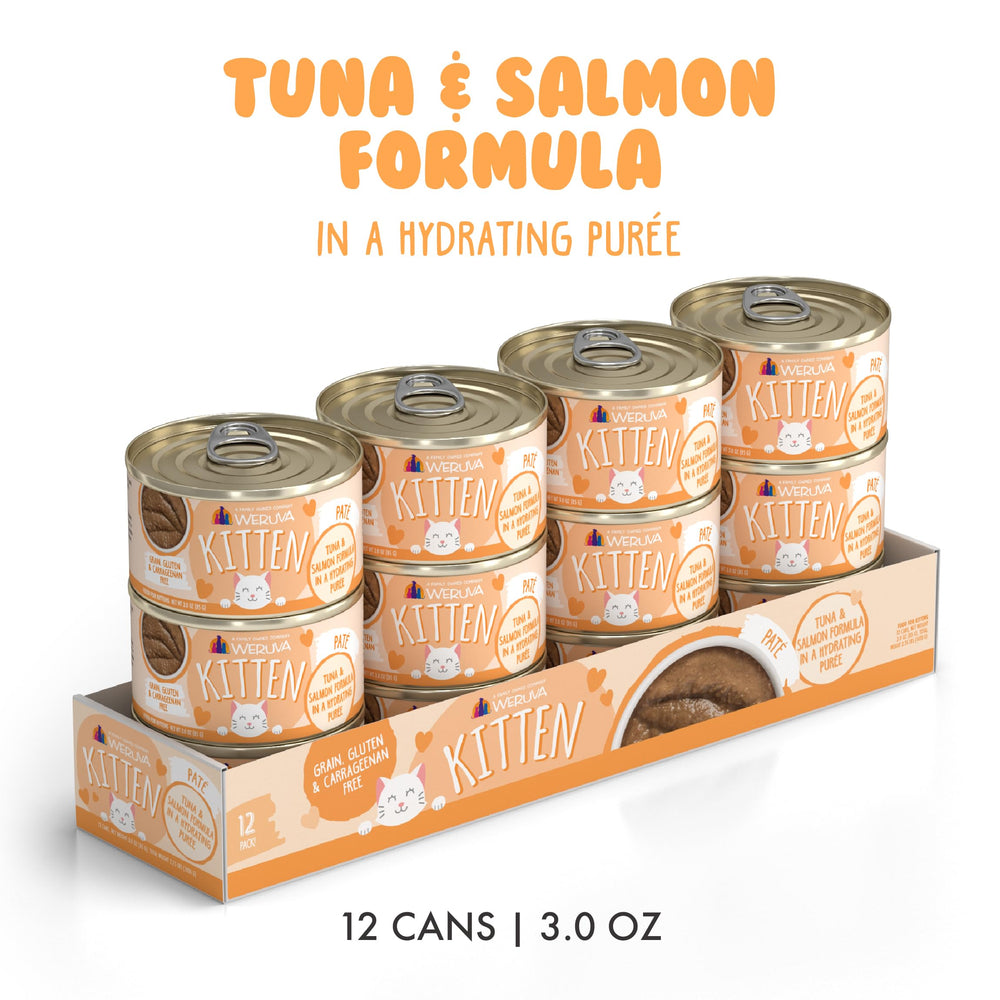 Purée Thon-Saumon Weruva pour chatons, portion pratique et riche en protéines.