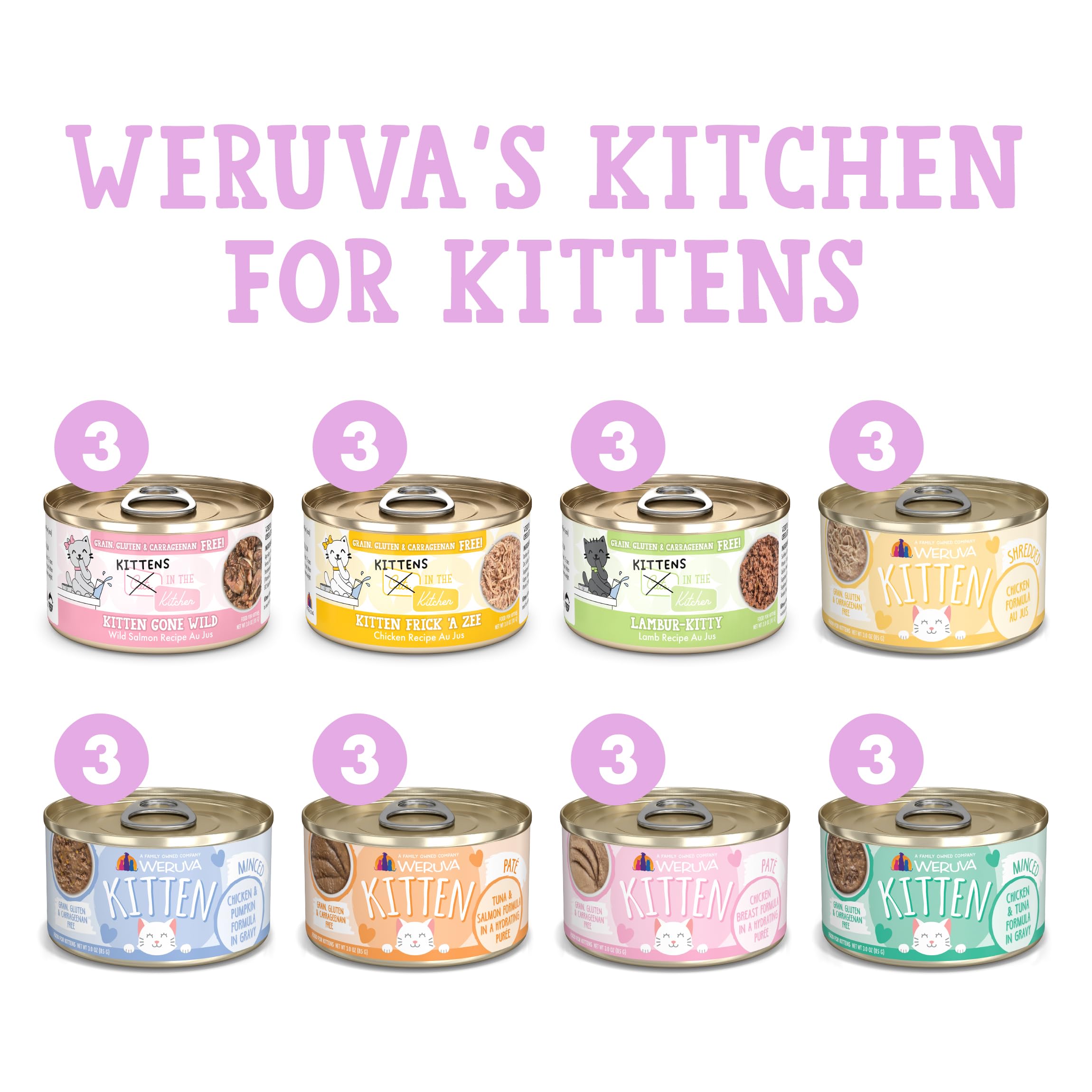 Weruva Kitchen Chatons: Formule Poulet et Potiron en boîtes 3oz, texture légère.
