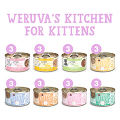 Weruva Kitchen Chatons: Formule Poulet et Potiron en boîtes 3oz, texture légère.