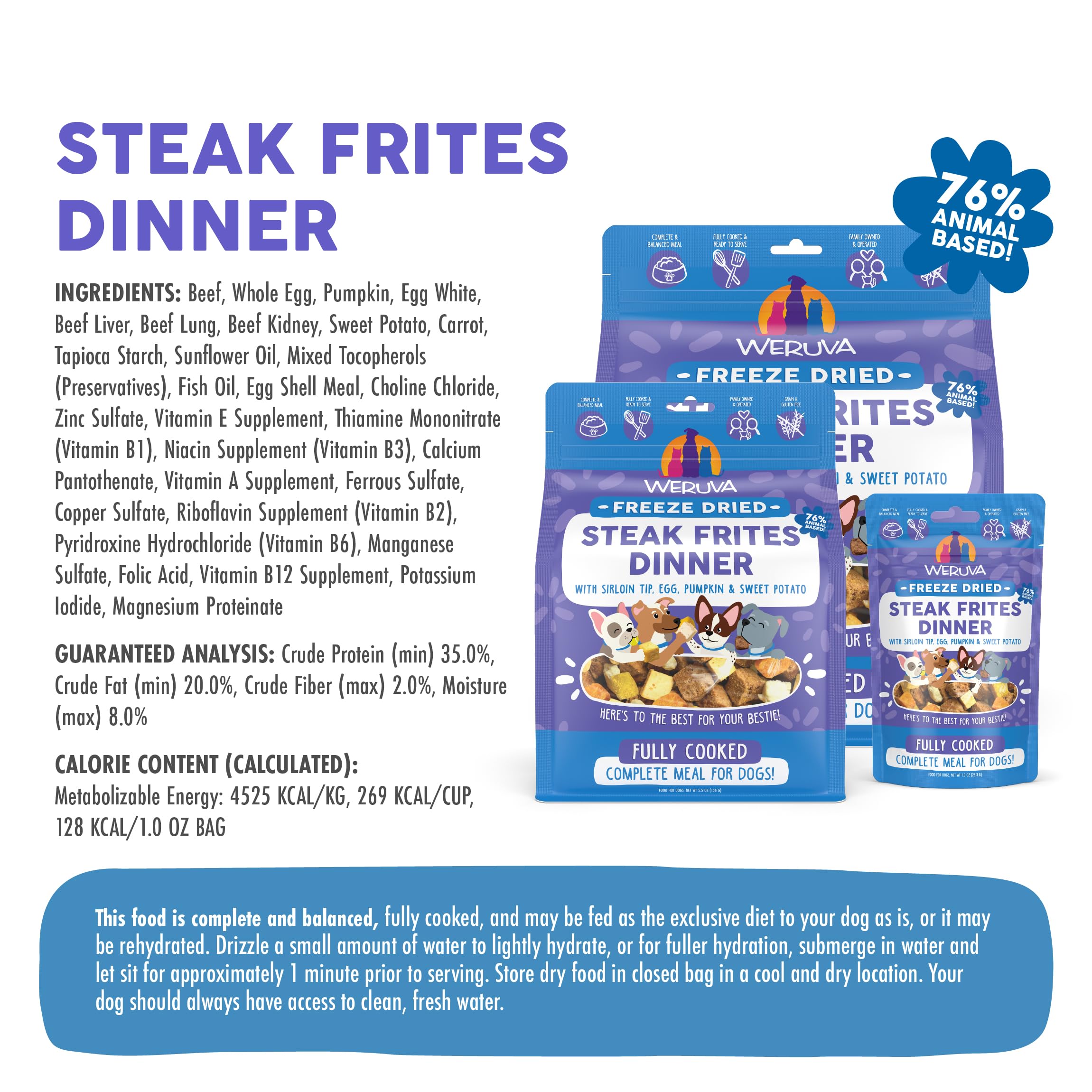 Weruva Chien Lyophilise Steak Frites Dîner patate douce, nutriments et douceur