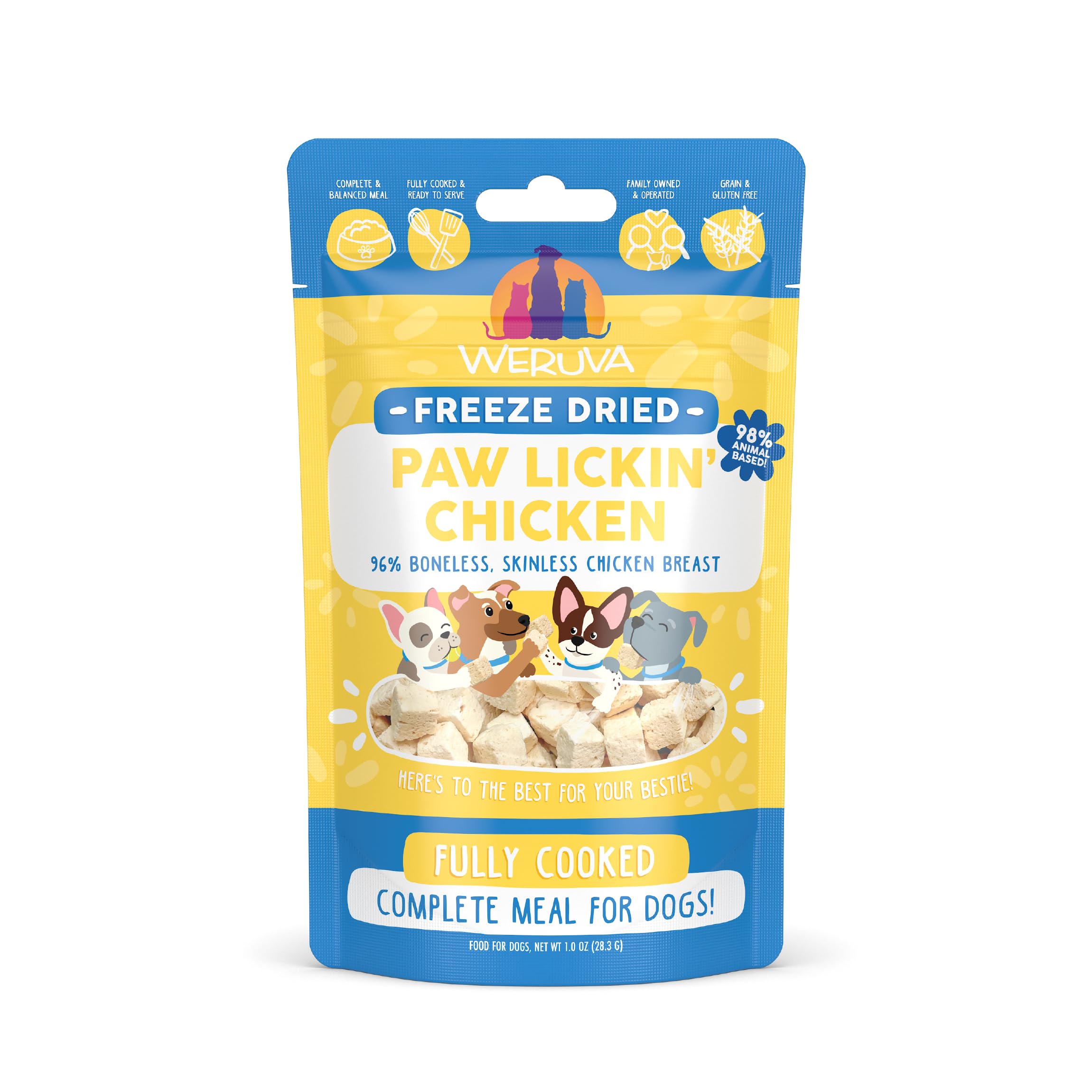Weruva Paw Lickin' Chicken, sachet lyophilisé, cubes faciles à servir pour un repas rapide.