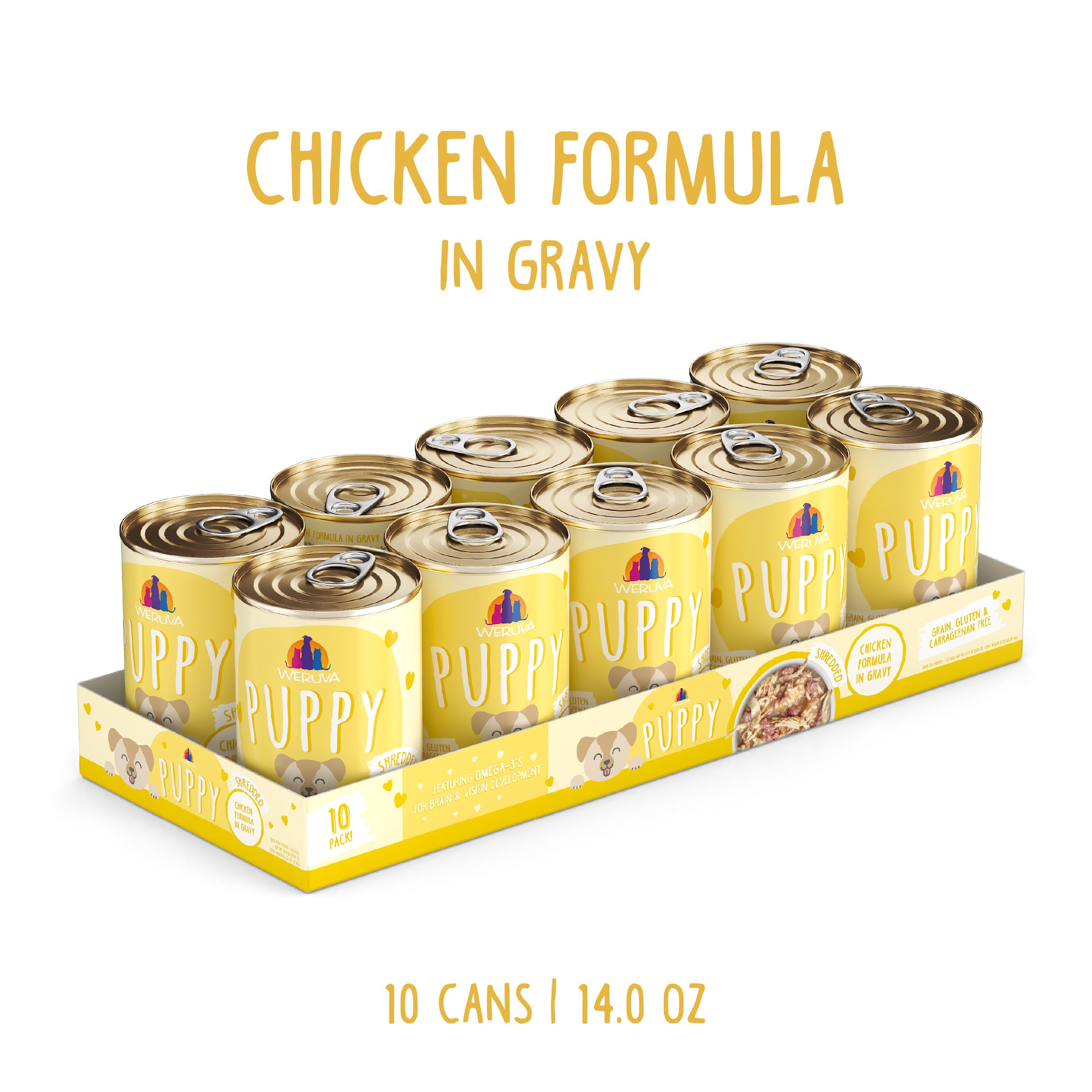 Weruva Chiot boîte ouverte poulet dans jus, présentation appétissante