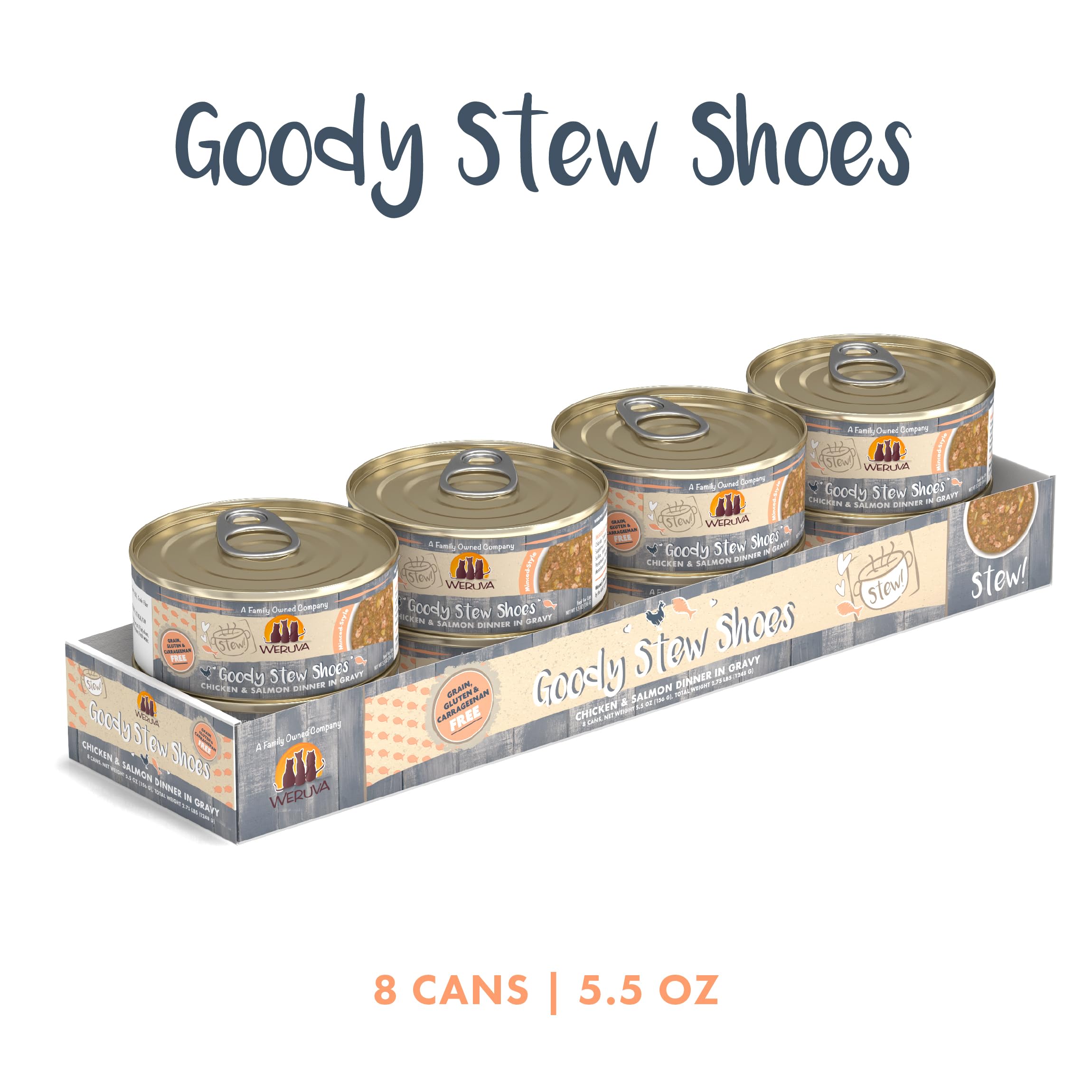 Weruva Goody Stew Shoes, saumon et poulet servis dans une sauce onctueuse.