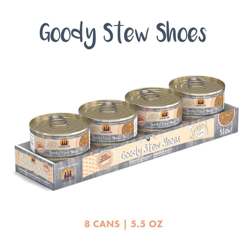 Weruva Goody Stew Shoes, saumon et poulet servis dans une sauce onctueuse.