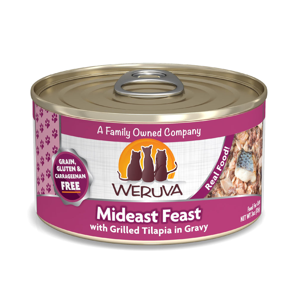 Weruva Classic Cat Food Mideast Feast tilapia dans sauce, bouchées savoureuses pour chat.