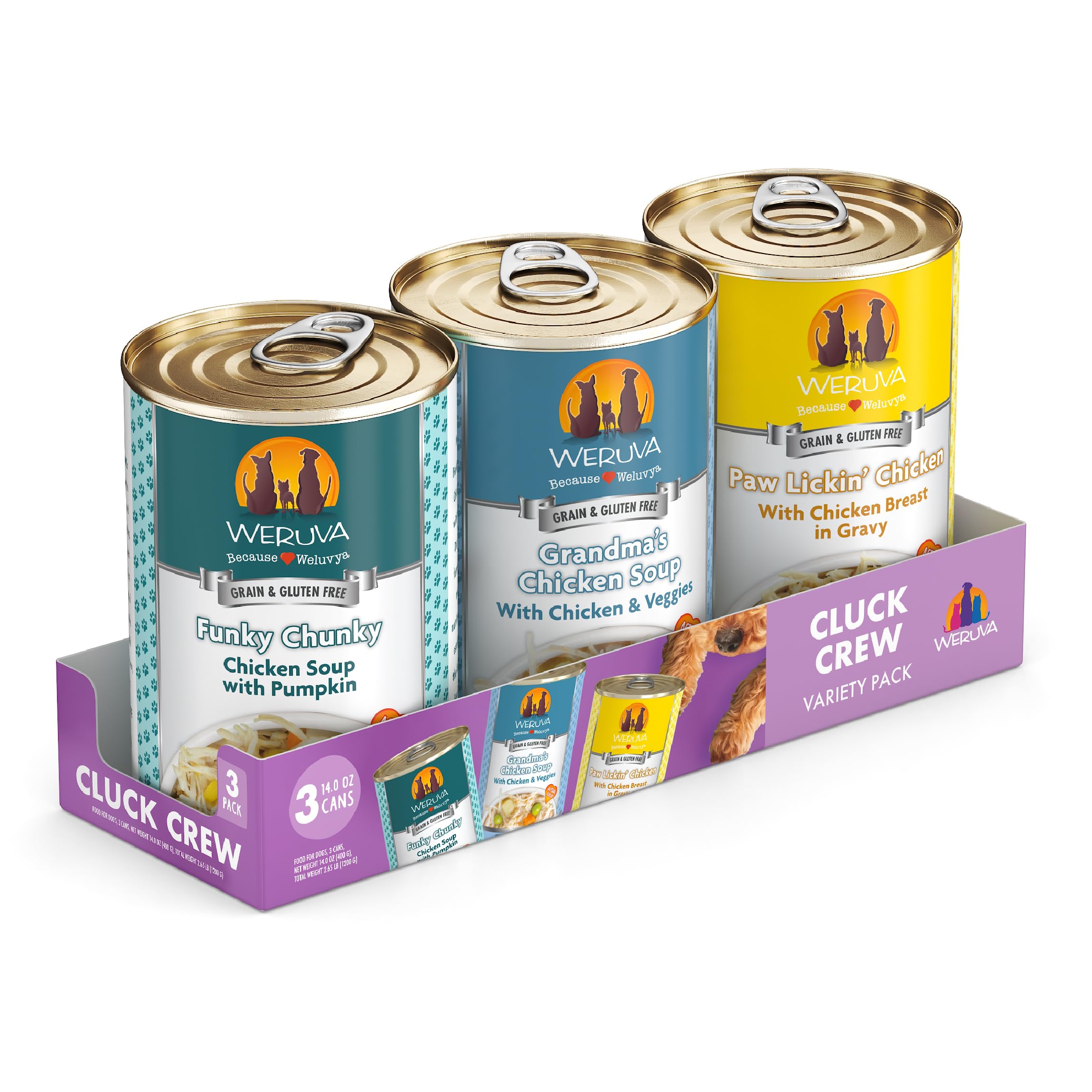 Weruva Classic Dog Food ensemble-trial-pack-boites-14oz : variété pratique pour découvrir les saveurs.