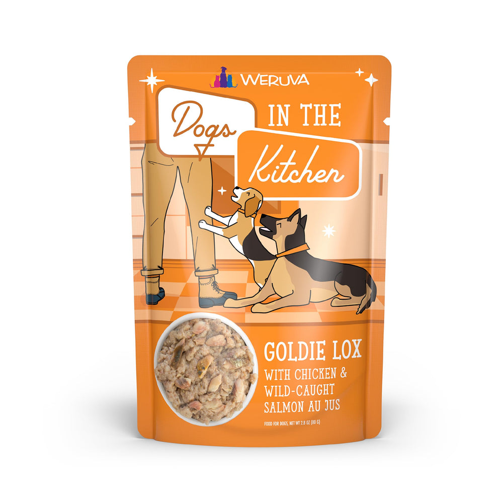 Weruva Goldie Lox en sachet, poulet et saumon, portion pratique pour repas quotidien.