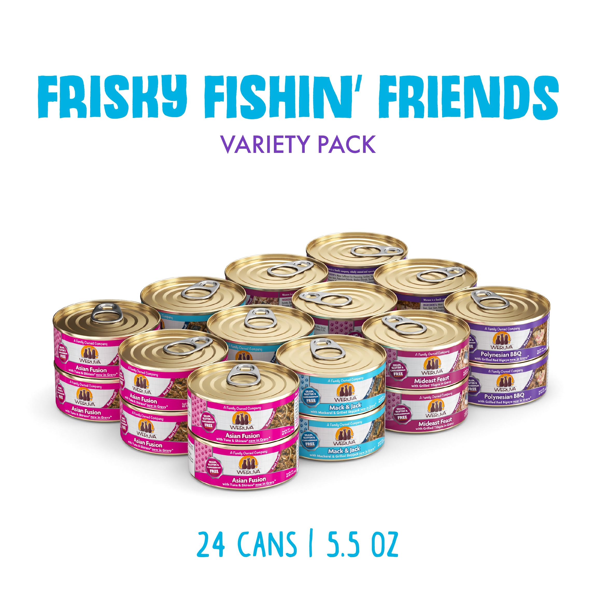 Weruva Frisky Fishin' Friends Mideast Feast, boîte individuelle riche en saveurs marines.