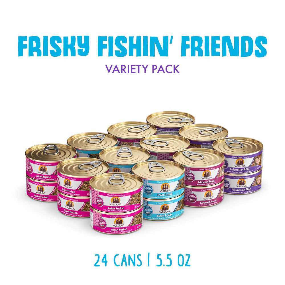 Weruva Frisky Fishin' Friends Mideast Feast, boîte individuelle riche en saveurs marines.