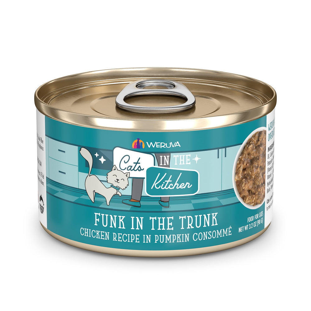 Conserve Weruva Funk dans le coffre, poulet et citrouille en consommé.