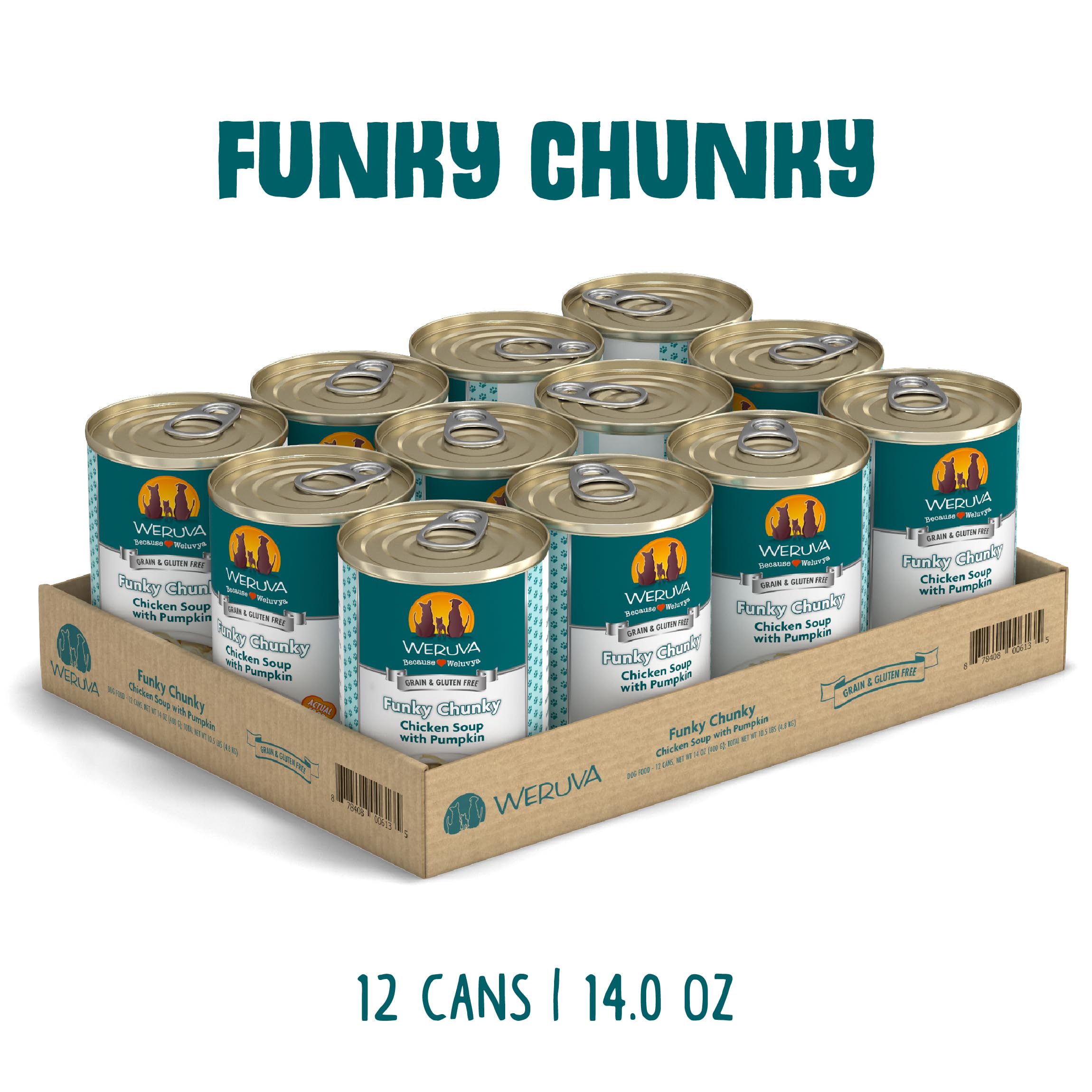 Étiquette Weruva Funky Chunky sur la boîte avec ingrédients visibles.