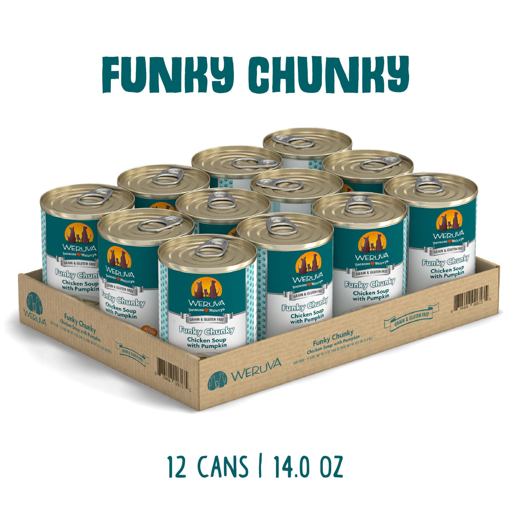 Étiquette Weruva Funky Chunky sur la boîte avec ingrédients visibles.