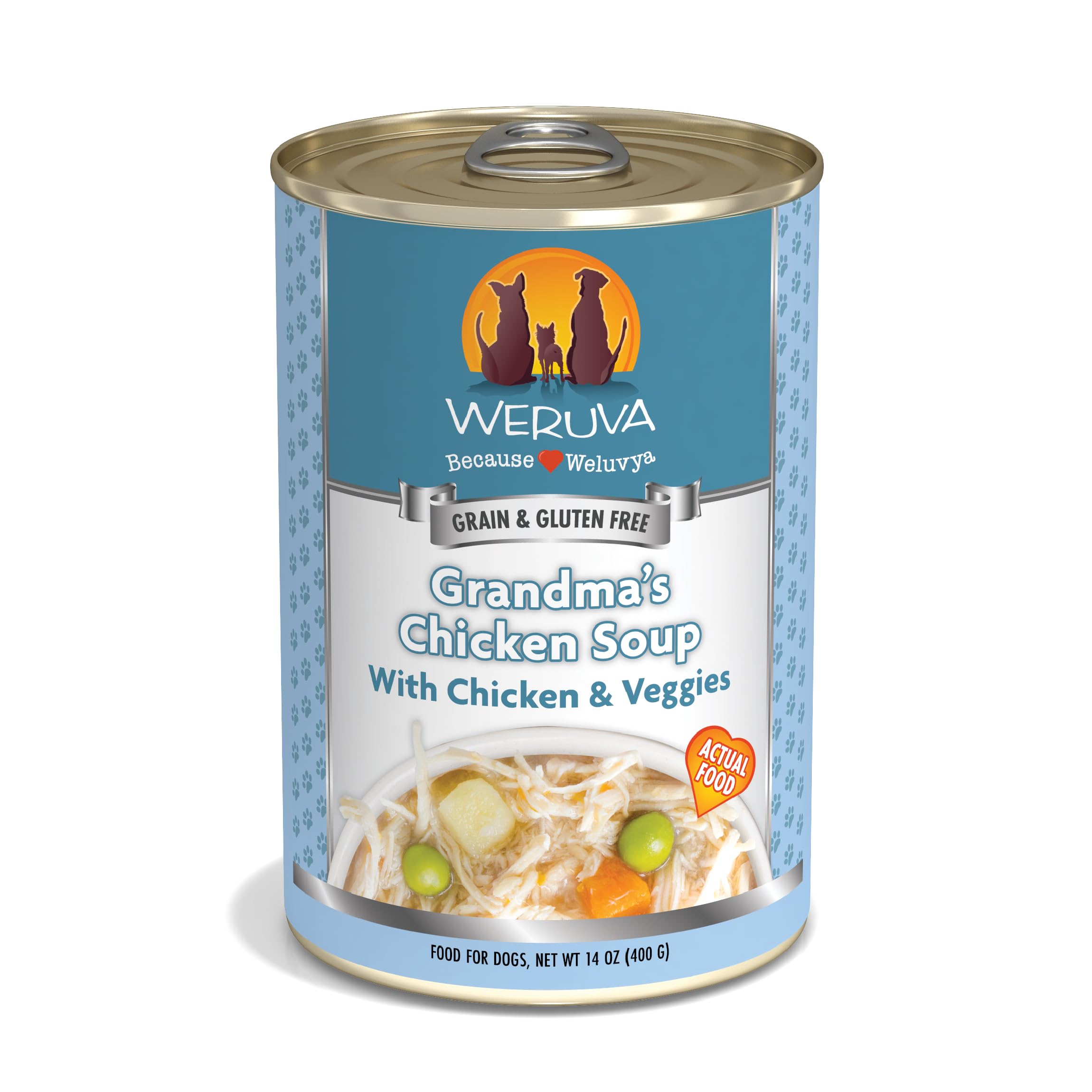 Boîte Weruva soupe de grand-mère au poulet, couleur bleu-vert.