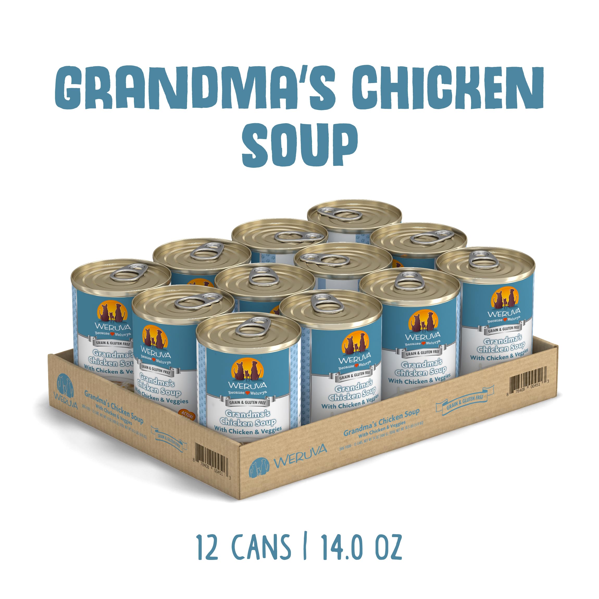 Morceaux de poulet et légumes dans la soupe Weruva.