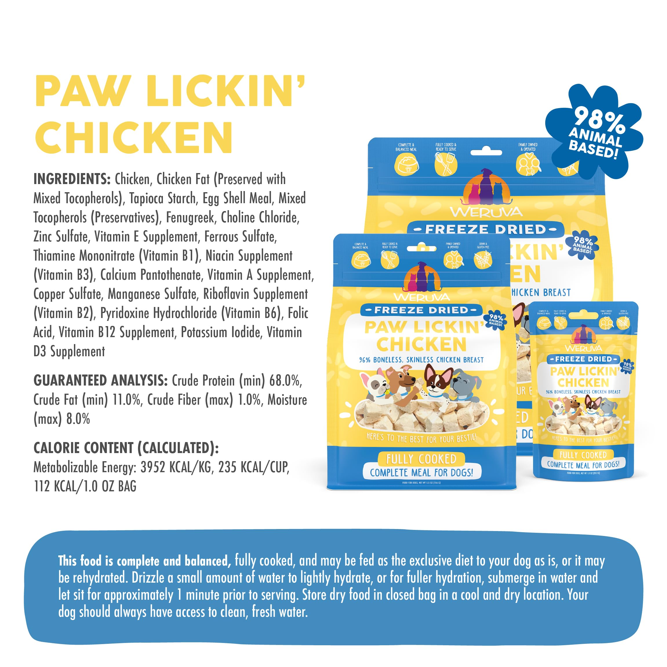 Weruva Paw Lickin' Chicken, ingrédients naturels sans céréales, sans gluten et sans additifs.