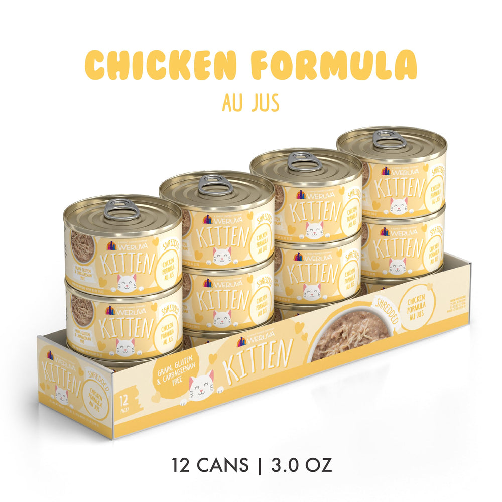 Étiquette clairement lisible du poulet frais pour les chatons, par Weruva.