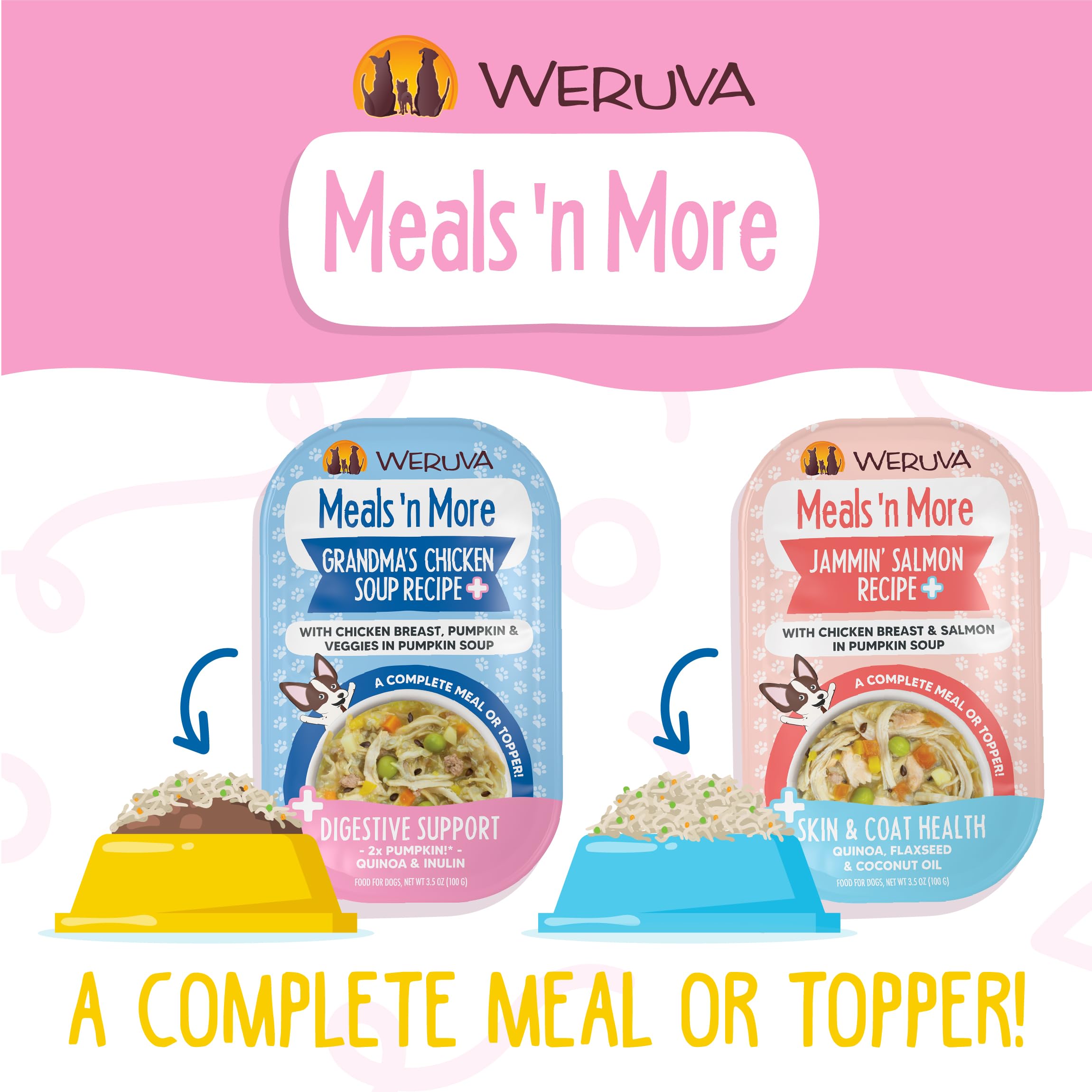 Weruva Meals n More: ingrédients naturels et sans céréales, promesse de repas équilibrés.
