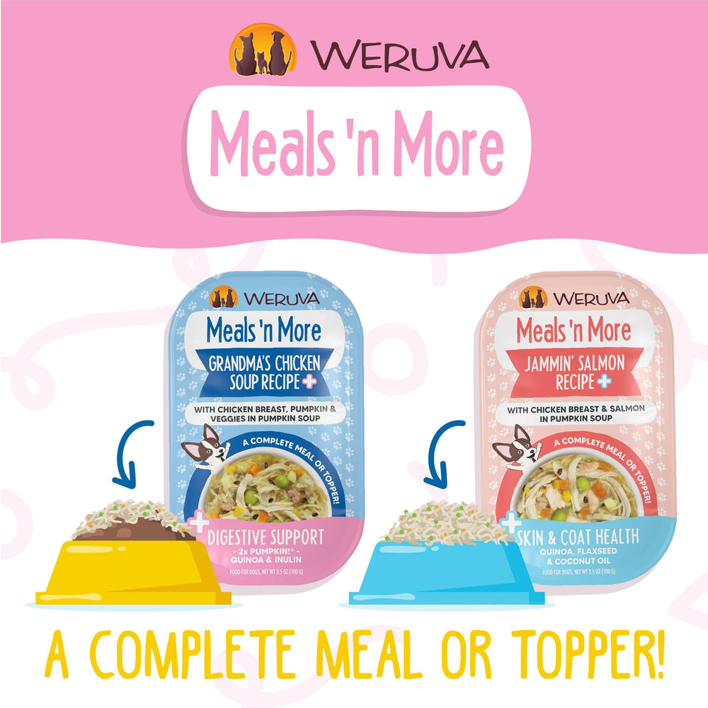 Weruva Meals n More: ingrédients naturels et sans céréales, promesse de repas équilibrés.