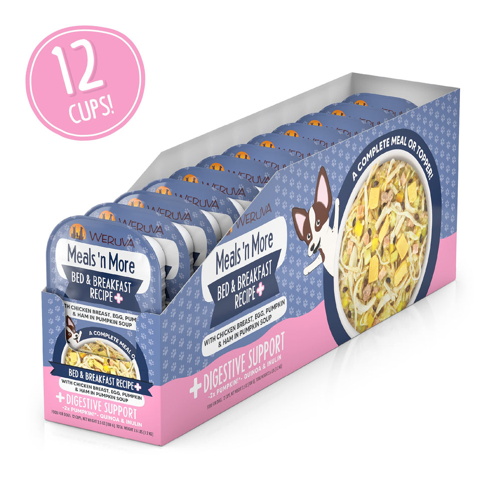 Weruva Meals n More: poulet blanc et œuf, potiron et quinoa visibles, soutien digestif potentiel.