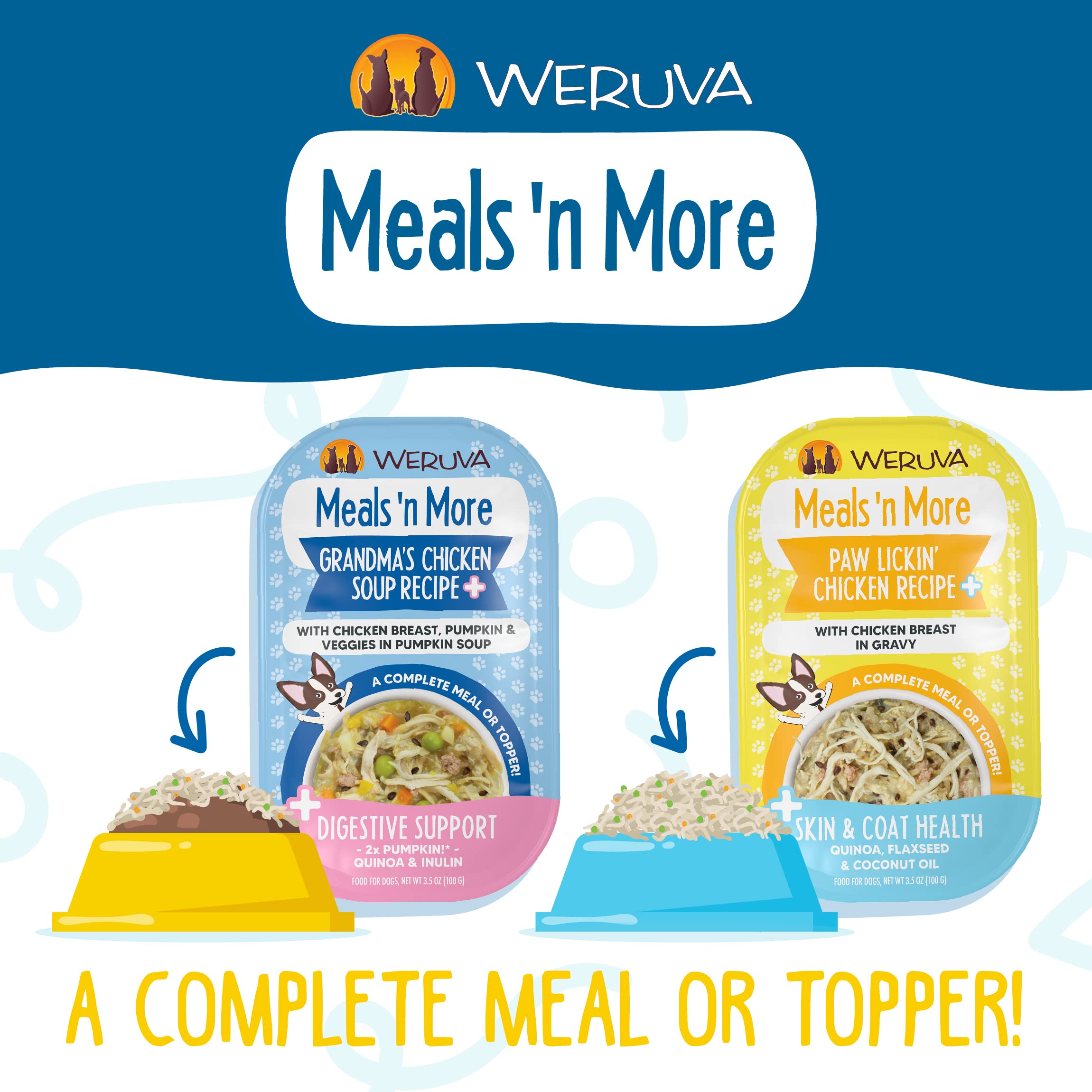 Variete sans céréales Weruva Meals 'n More, choix savoureux pour chiens sensibles.
