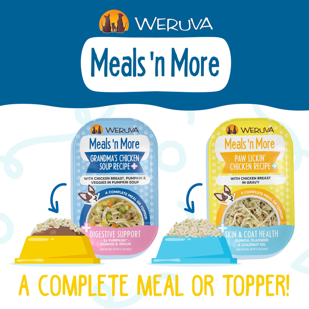 Variete sans céréales Weruva Meals 'n More, choix savoureux pour chiens sensibles.