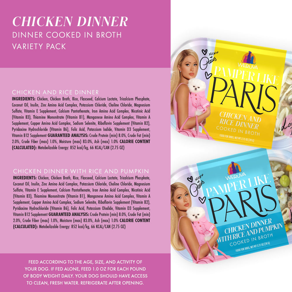 Étiquette et emballage Weruva Pamper Like Paris, présentation luxueuse.