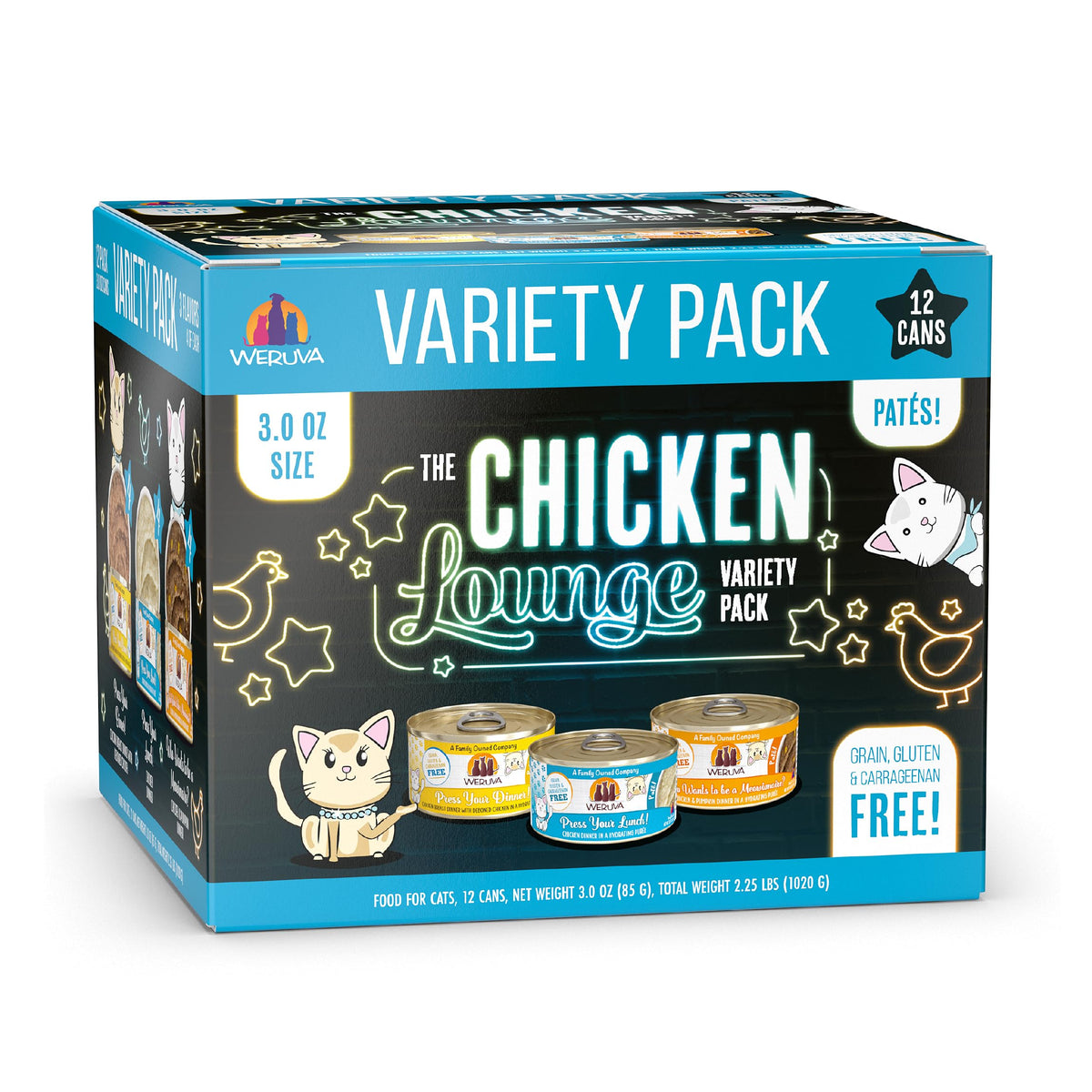 Weruva Paté Lounge poulet, portion 3oz, repas équilibré pour chat adulte.