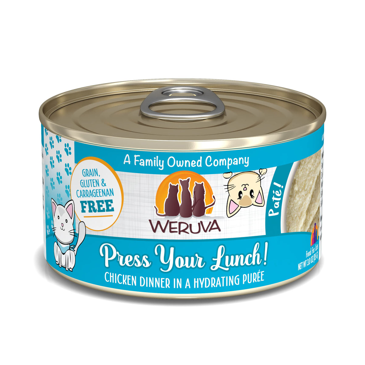 Weruva pate poulet cremeux dans une boîte, repas rapide et appétissant pour chat.