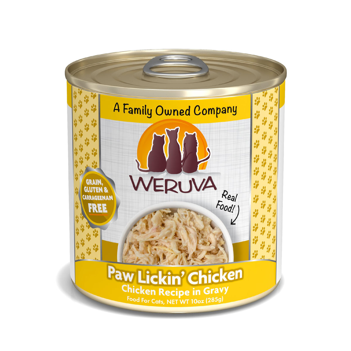 Weruva Paw Lickin’ Chicken — boîte 10oz avec morceaux de poulet dans une sauce savoureuse.