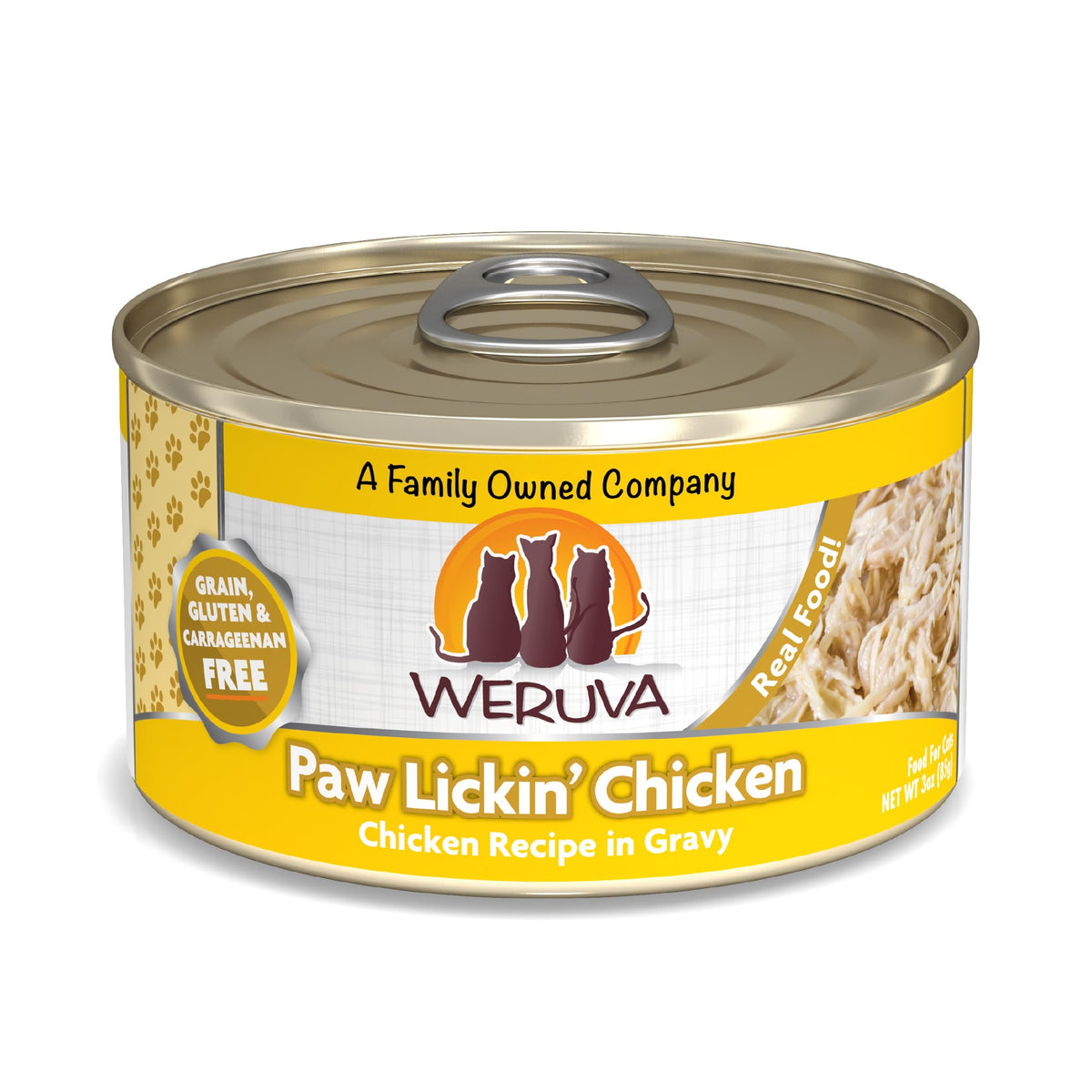 Weruva Paw Lickin’ Chicken, boîte 3oz avec poulet tendre dans sauce savoureuse.