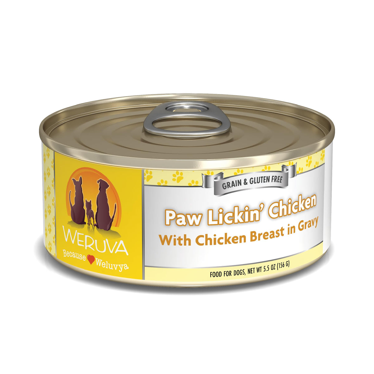 Weruva Paw Lickin Chicken en conserve: poulet blanc visible dans une sauce savoureuse pour chien.