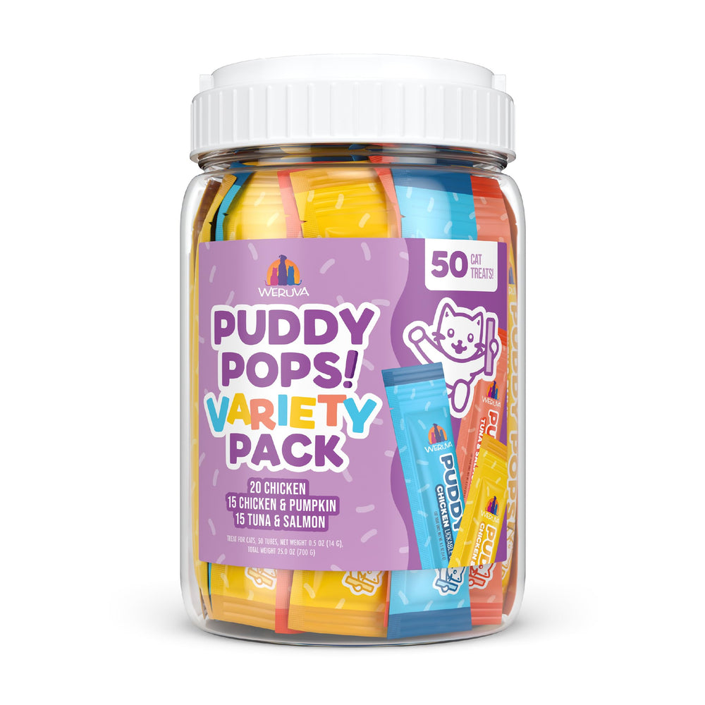 Weruva Puddy Pops – tubes variés prêts à offrir une friandise hydratante et pratique.