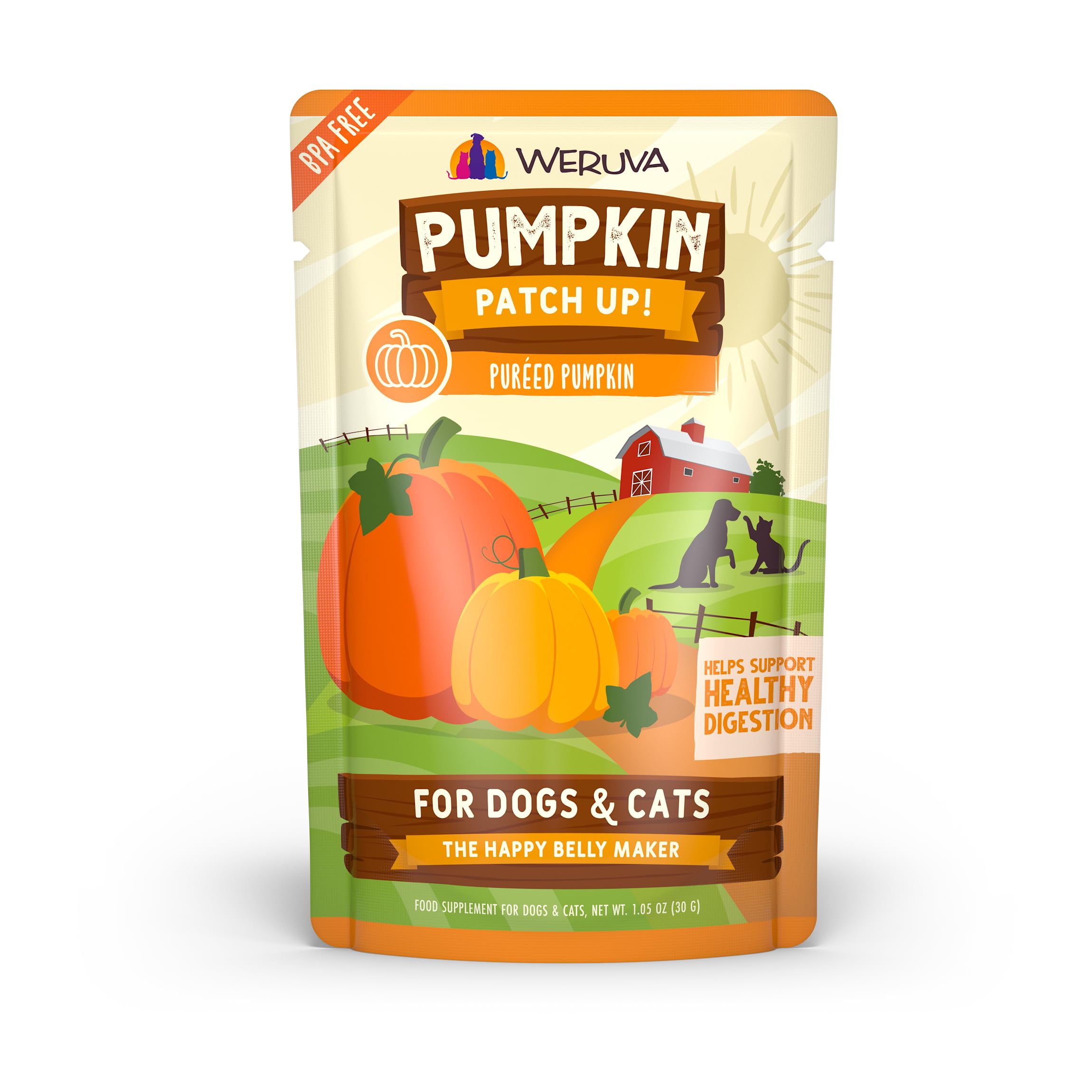 Weruva Pumpkin Patch Up! sachets de 12, purée de citrouille naturelle pour chiens et chats, riche en fibres.