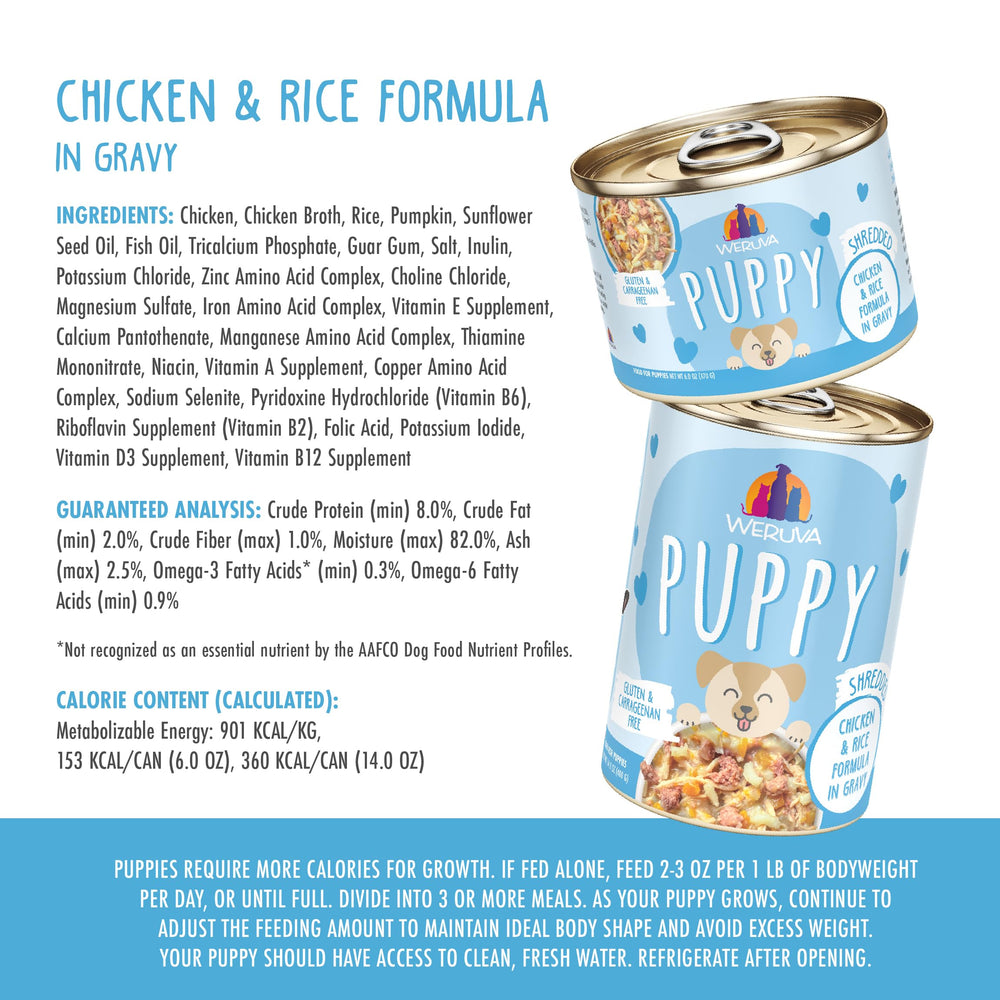 Étiquette Weruva Puppy sans gluten et sans carraghénane.