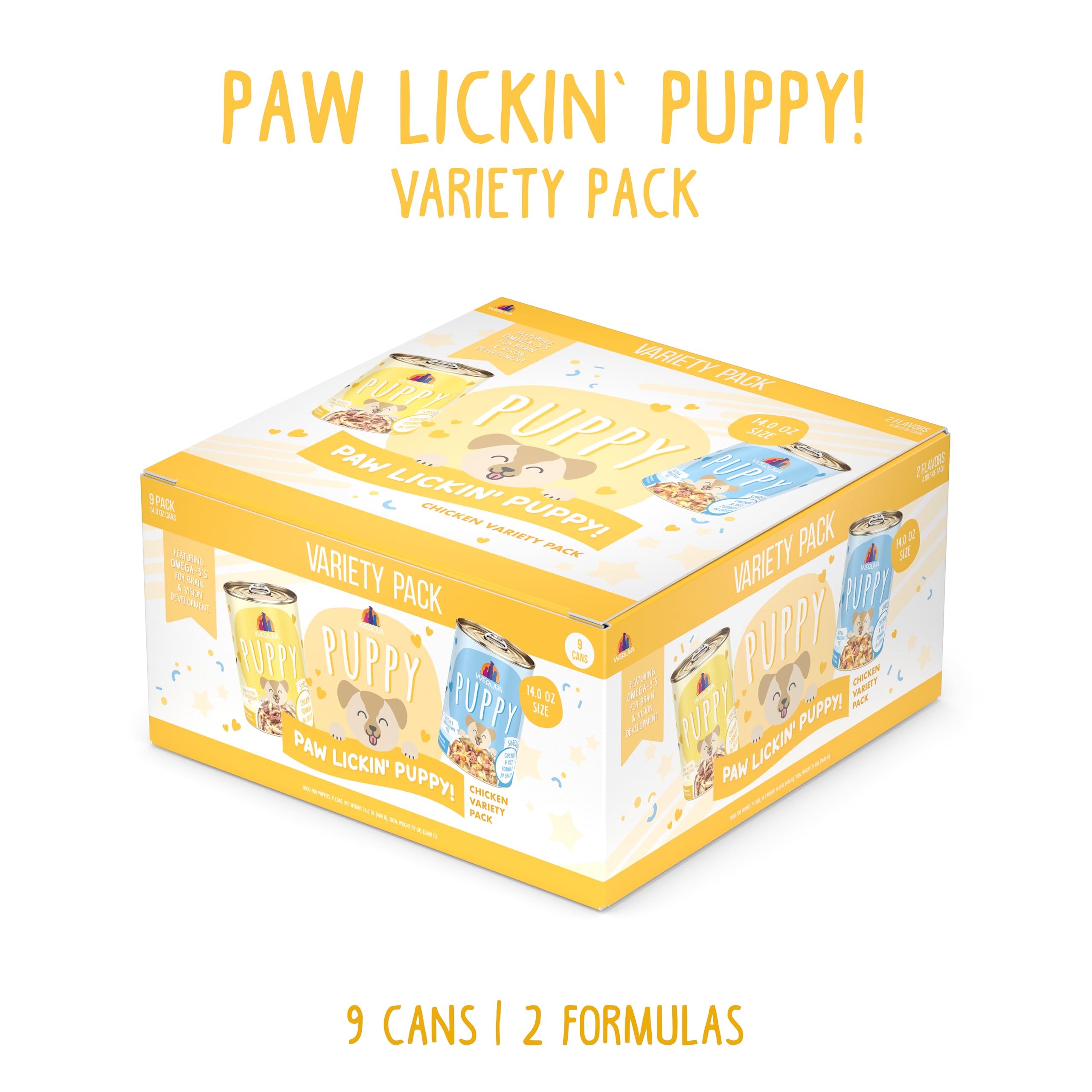Weruva Puppy Food boîte 14oz ouverte – prêt à servir, option pratique.
