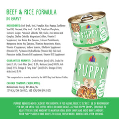 Sans gluten et sans carrageenan, formulation naturelle Weruva Puppy.