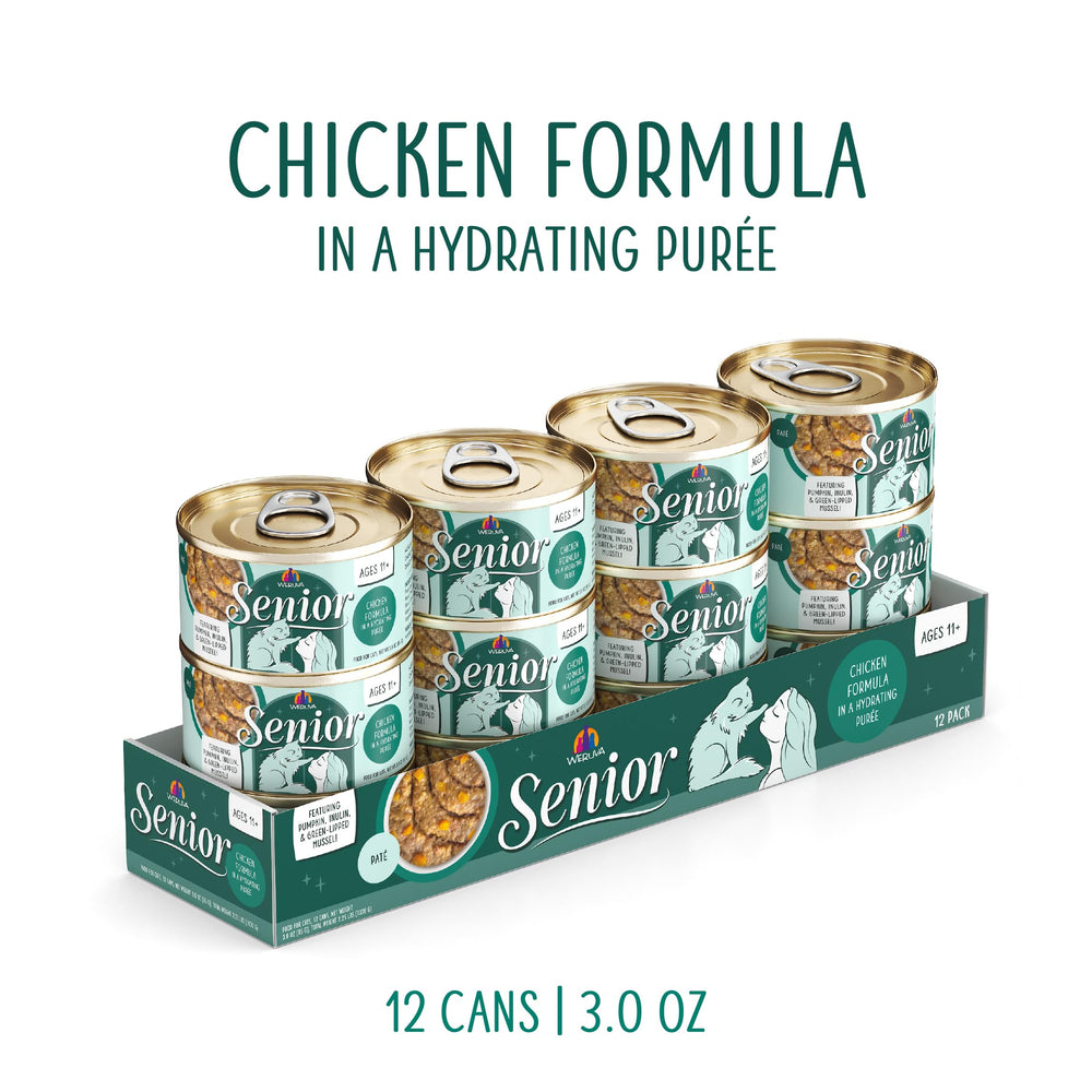 Weruva Senior Chat purée poulet citrouille, texture onctueuse adaptée aux seniors.
