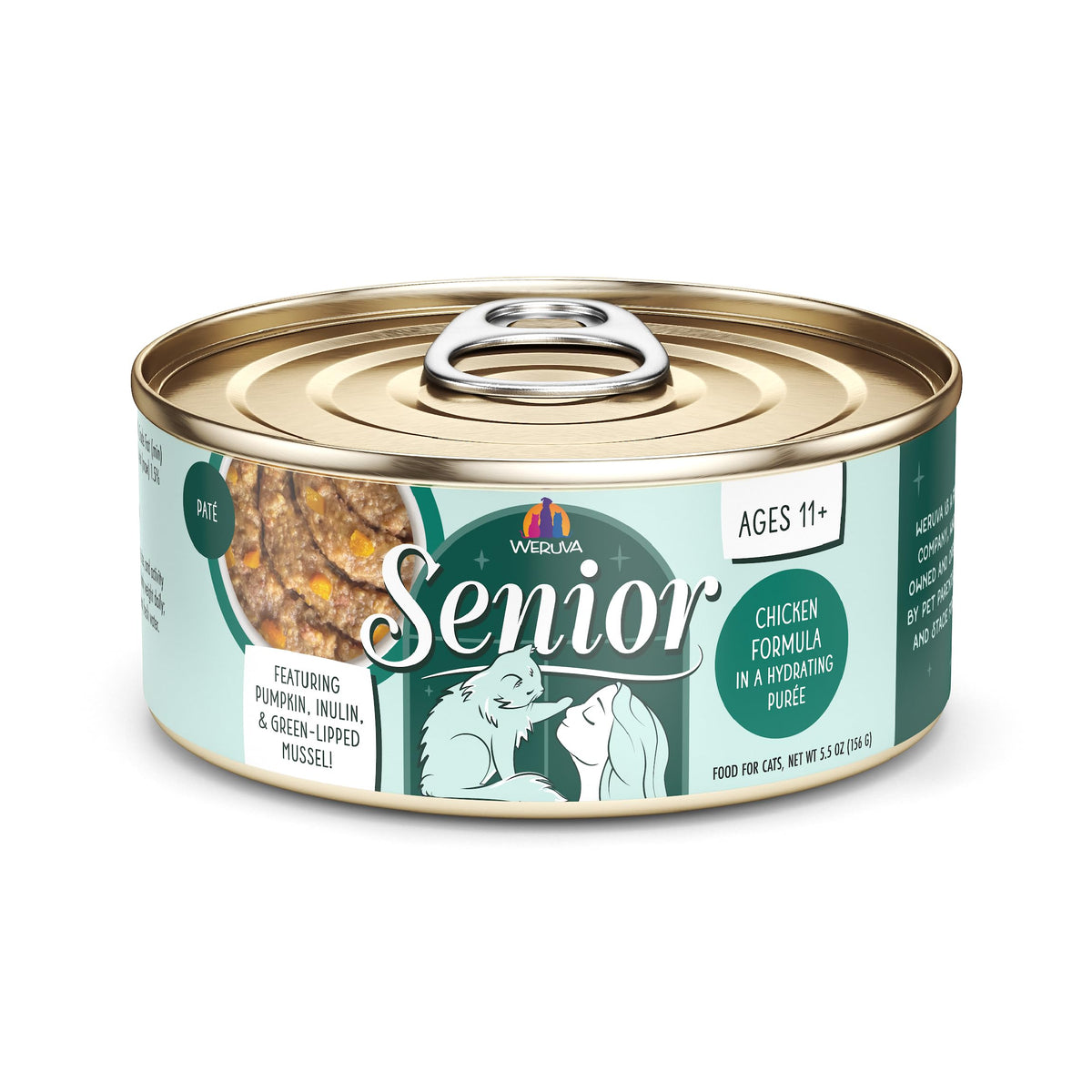Weruva Senior Chat Purée Hydratante en boîte, texture veloutée pour l'hydratation.