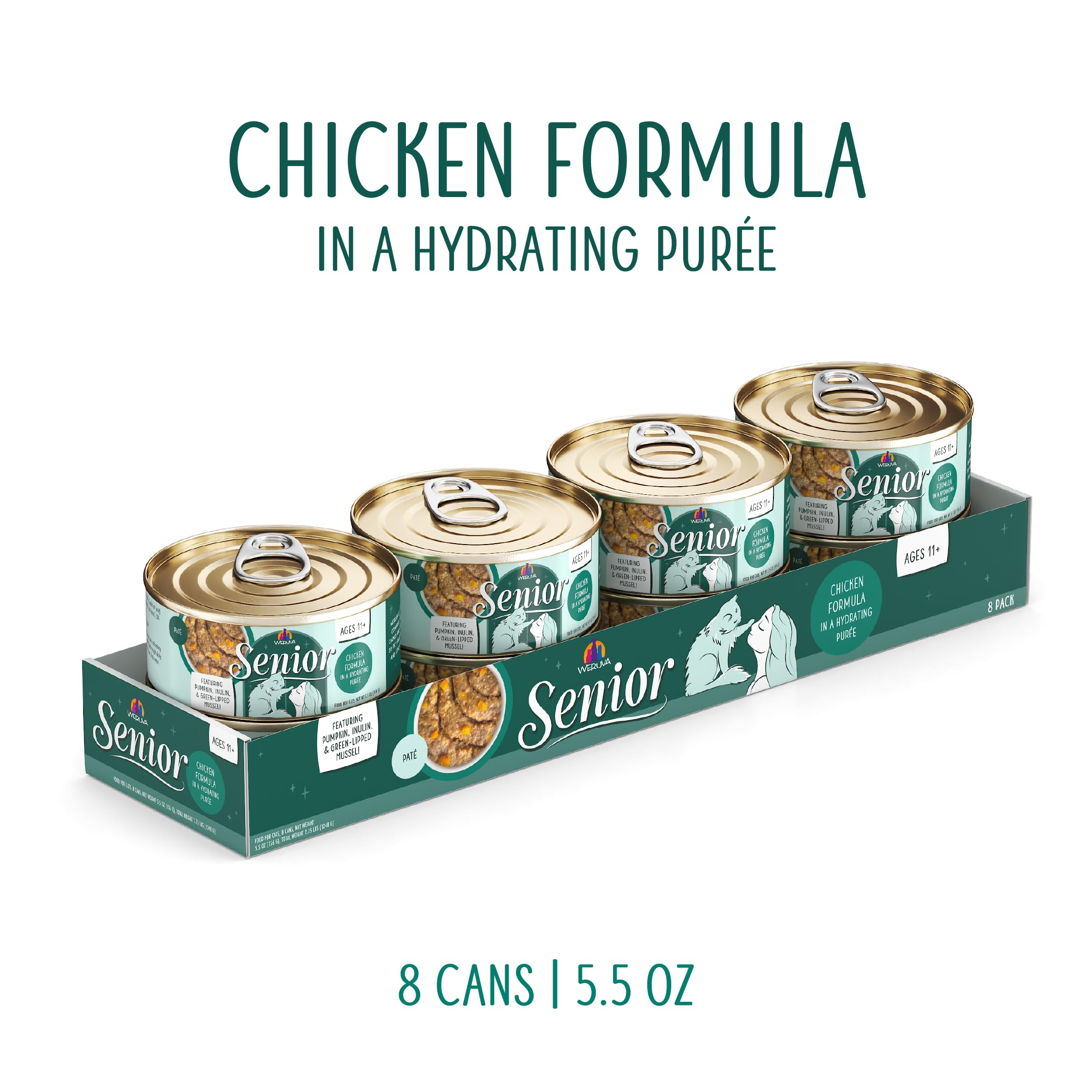 Purée hydratante Weruva pour chat senior, goût poulet, favorise l'appétit et l'hydratation.