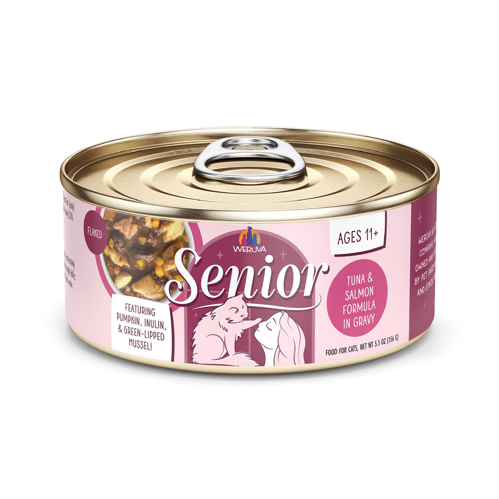 Weruva Senior Chat: thon-saumon-dans-gravy, texture savoureuse et hydratante pour chat âgé.