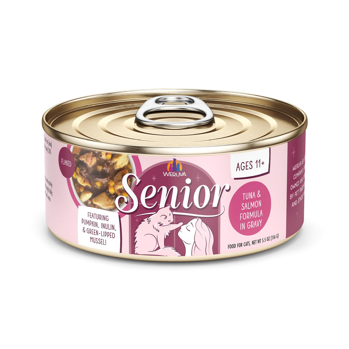 Weruva Senior Chat: thon-saumon-dans-gravy, texture savoureuse et hydratante pour chat âgé.
