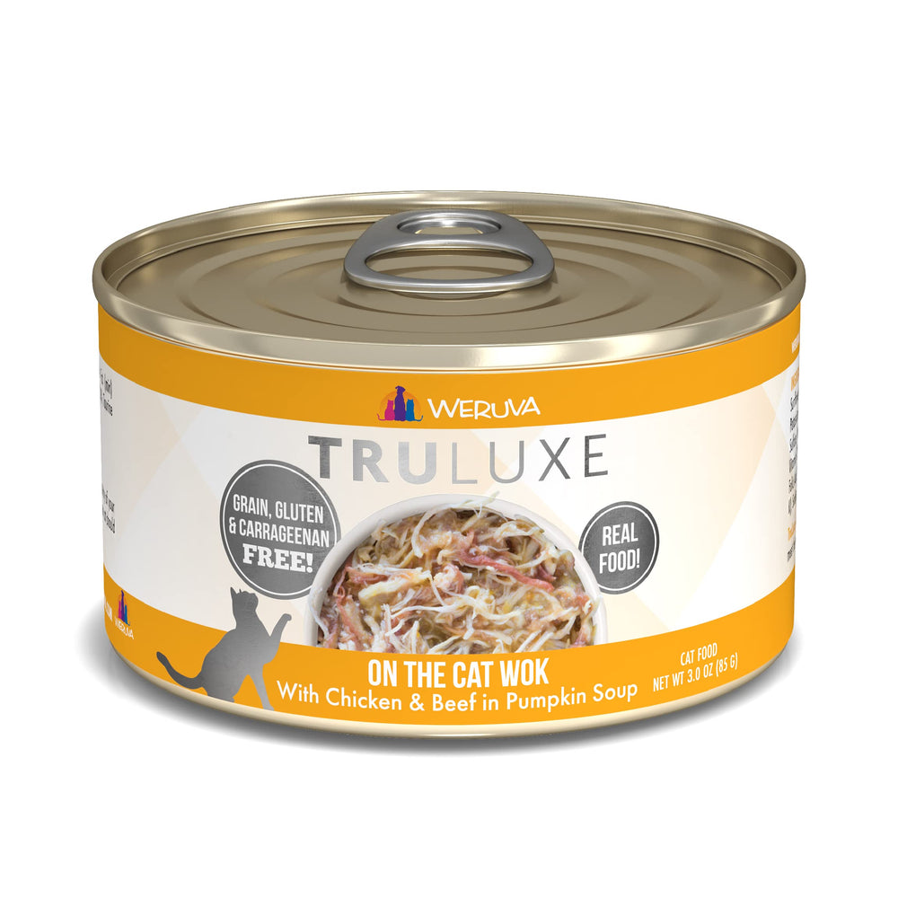 Weruva Truluxe: poulet et boeuf dans soupe de courge, repas gourmet pour chat.