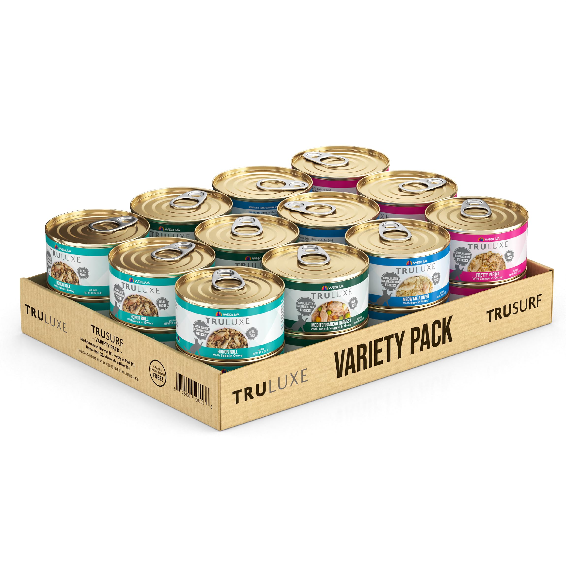 Weruva Truluxe TruSurf Variete 3oz, pack 24, idéal pour chats gourmets friands de fruits de mer.